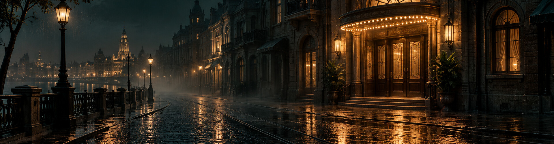 民国街道雨夜与暖色影院灯光，原创主题配图